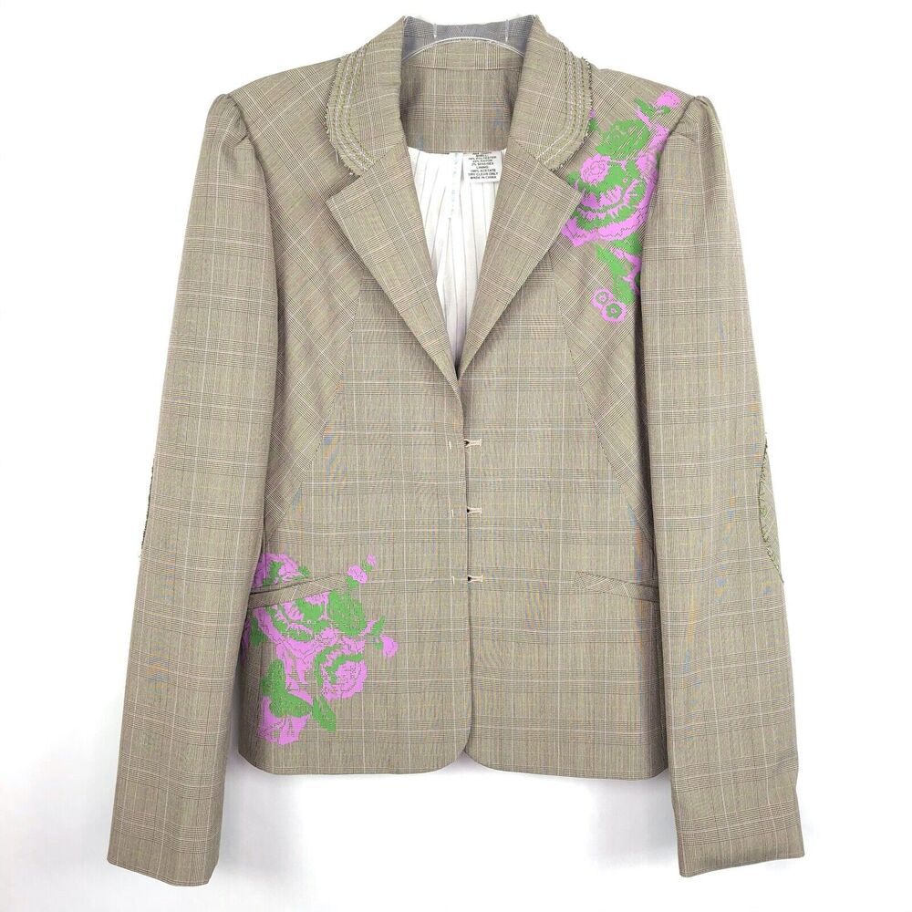 Tom K Nguyen Check Beige Floral Butterfly Career Blazer Womens Sz 8